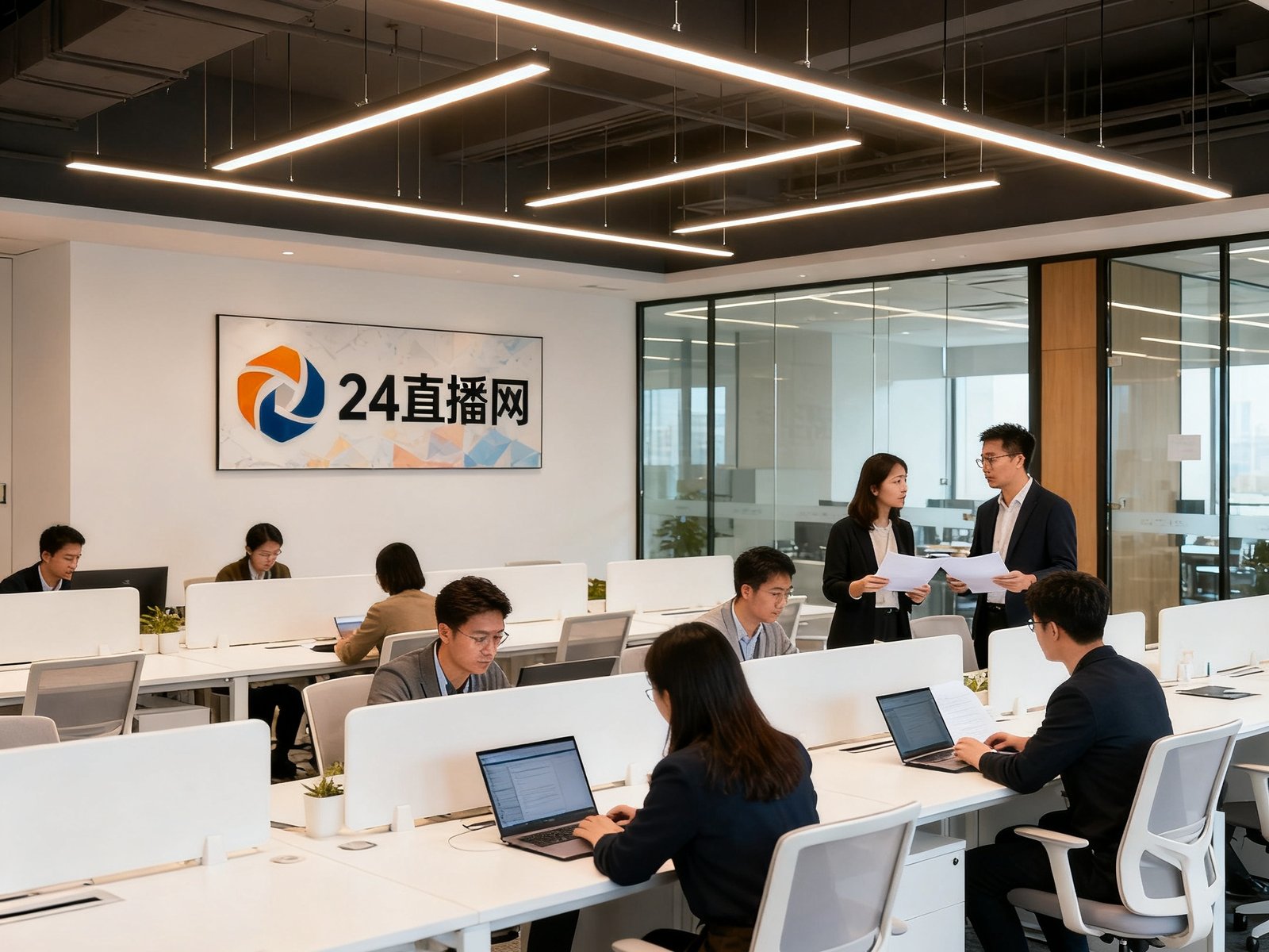 24直播网上海总部办公室实拍，现代化开放式办公环境，团队成员专注工作的场景