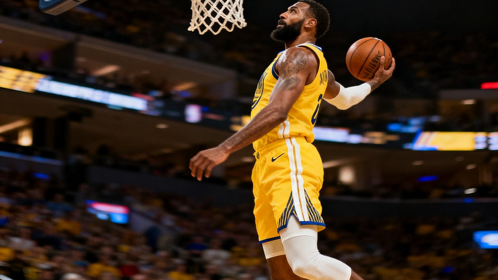 NBA季后赛战报新闻配图，球员在比赛中飞身扣篮的精彩动作定格