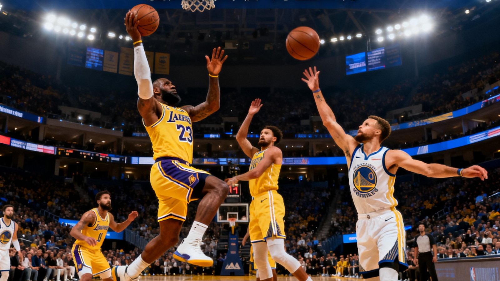 湖人队对阵勇士队NBA比赛集锦封面，展现詹姆斯突破上篮与库里三分远投的精彩对决